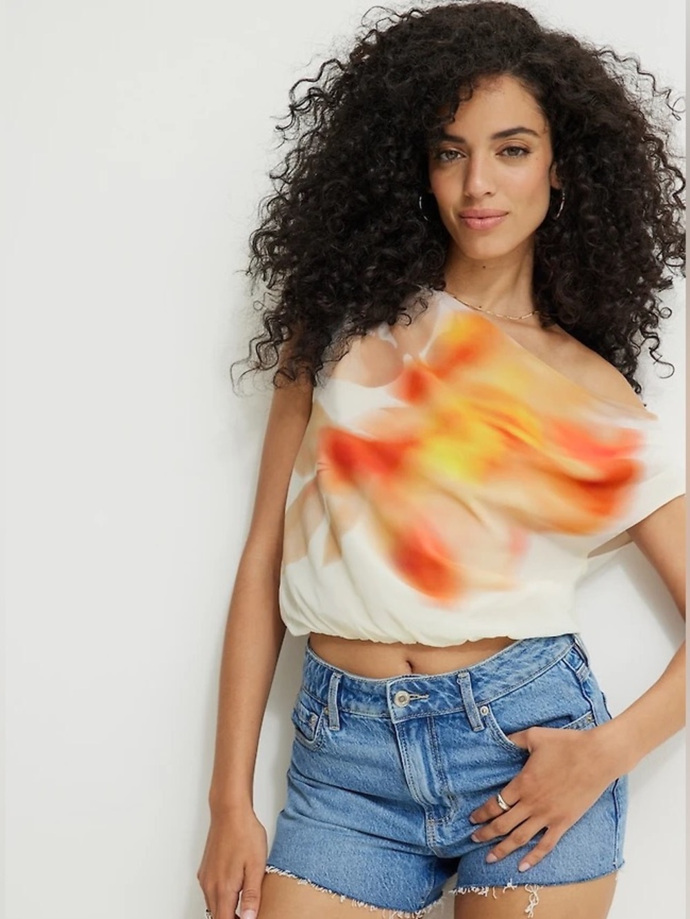 Dynamite Printed Draped Off Shoulder Top